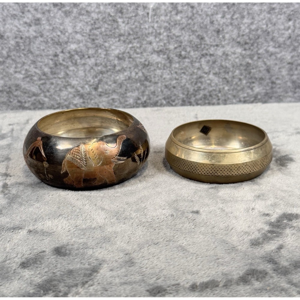 Brass Bangle Bracelets x2 Wide Cuff Etched Stamped Lion Elephant Bird India Boho